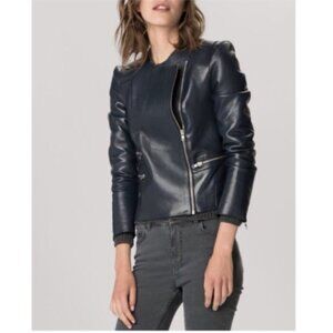 MAJE | Lambskin Leather Moto Jacket in Dark Blue ~ Size 36